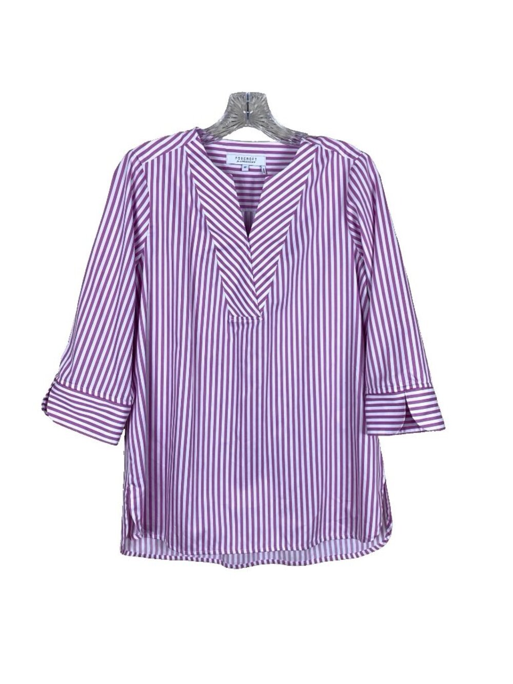 Foxcroft Appleseeds Womens 8P Popover Blouse Purple Striped Top 3/4 Sleeve Shirt
